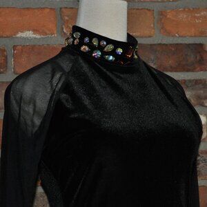 SixO Black Velvet Figure Skating Dance Competition Dress Sheer Sleeves L